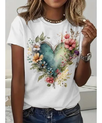 Kadın Kısa Kollu Bisiklet Yaka Kalp Desenli Süprem Bluz