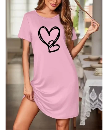 Kadın Kısa Kollu Bisiklet Yaka Kalp Desenli Viskon Elbise