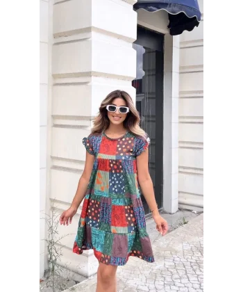 Kadın Kısa Kollu Bisiklet Yaka Kare Desenli Süprem Elbise