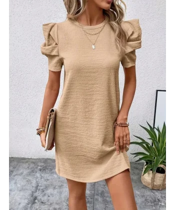 Kadın Kısa Kollu Bisiklet Yaka Karpuz Kol Krep Elbise