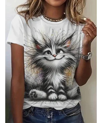 Kadın Kısa Kollu Bisiklet Yaka Kedi Baskılı Süprem Bluz