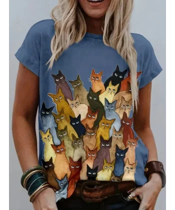 Kadın Kısa Kollu Bisiklet Yaka Kedi Baskılı Süprem Bluz