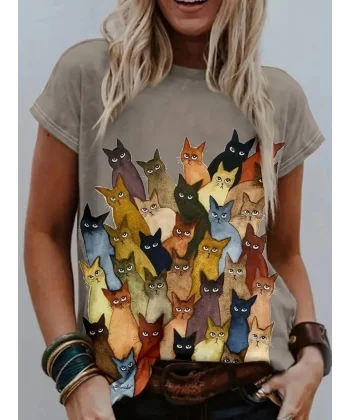 Kadın Kısa Kollu Bisiklet Yaka Kedi Desenli Süprem Bluz