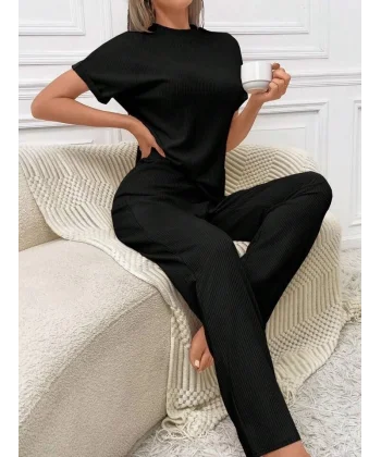 Kadın Kısa Kollu Bisiklet Yaka Kol Katlama Detay Kaşkorse Ikili Takım