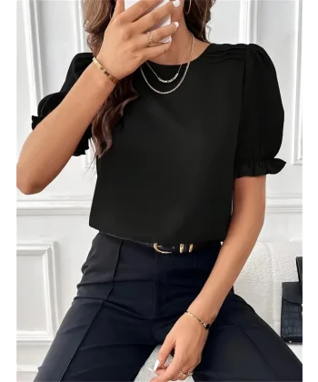 Kadın Kısa Kollu Bisiklet Yaka Kolları Gipeli Ithal Krep Bluz