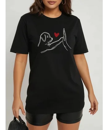 Kadın Kısa Kollu Bisiklet Yaka Köpek Baskılı Viskon Bluz