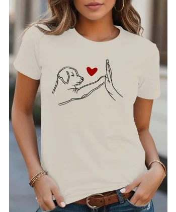 Kadın Kısa Kollu Bisiklet Yaka Köpek Baskılı Viskon Bluz