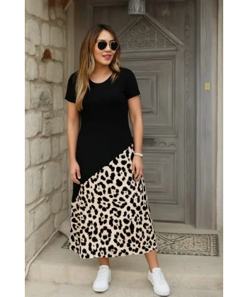 Kadın Kısa Kollu Bisiklet Yaka Leopar Detaylı Midi üst Viskon Alt Süprem Elbise