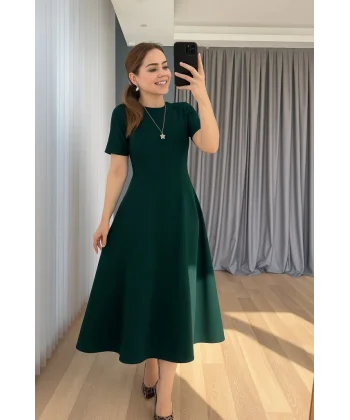 Kadın Kısa Kollu Bisiklet Yaka Maksi Boy Ithal Krep Elbise