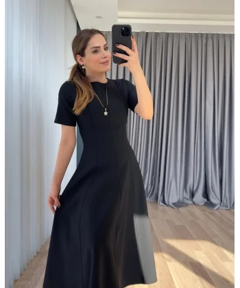 Kadın Kısa Kollu Bisiklet Yaka Maksi Boy Ithal Krep Elbise