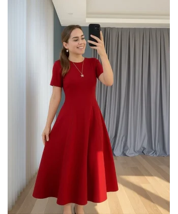 Kadın Kısa Kollu Bisiklet Yaka Maksi Boy Ithal Krep Elbise