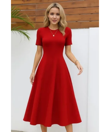 Kadın Kısa Kollu Bisiklet Yaka Maksi Boy Ithal Krep Elbise