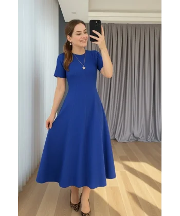 Kadın Kısa Kollu Bisiklet Yaka Maksi Boy Ithal Krep Elbise