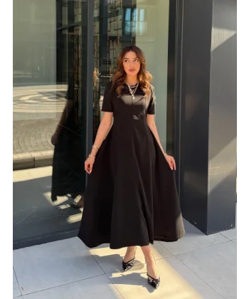 Kadın Kısa Kollu Bisiklet Yaka Maksi Boy Ithal Krep Elbise