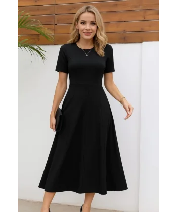 Kadın Kısa Kollu Bisiklet Yaka Maksi Boy Ithal Krep Elbise