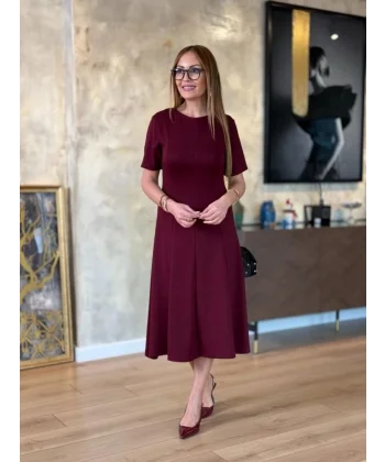 Kadın Kısa Kollu Bisiklet Yaka Midi Viskon Iki Iplik Elbise