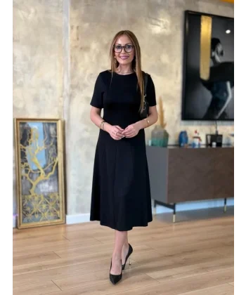 Kadın Kısa Kollu Bisiklet Yaka Midi Viskon Iki Iplik Elbise