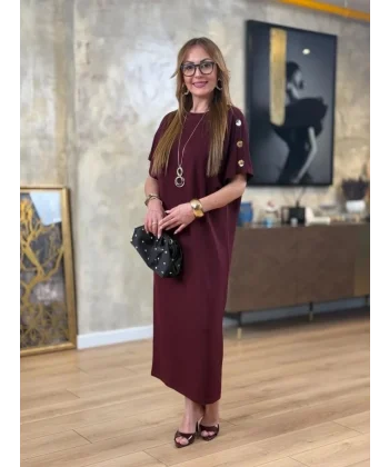 Kadın Kısa Kollu Bisiklet Yaka Omuzdan Düğmeli Uzun Viskon Iki Iplik Elbise