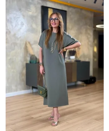 Kadın Kısa Kollu Bisiklet Yaka Omuzdan Düğmeli Uzun Viskon Iki Iplik Elbise