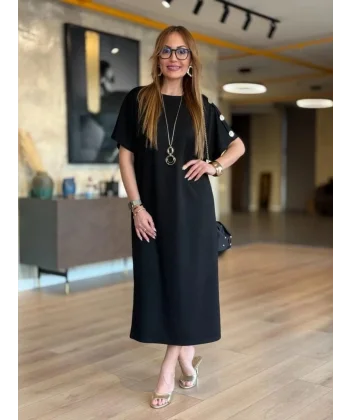 Kadın Kısa Kollu Bisiklet Yaka Omuzdan Düğmeli Uzun Viskon Iki Iplik Elbise