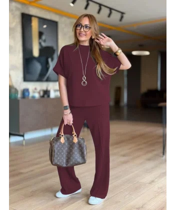 Kadın Kısa Kollu Bisiklet Yaka Omuzdan Düğmeli Viskon Iki Iplik Kısa Bluz Ve Pantolon Ikili Takım