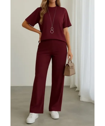 Kadın Kısa Kollu Bisiklet Yaka Omuzdan Düğmeli Viskon Iki Iplik Kısa Bluz Ve Pantolon Ikili Takım