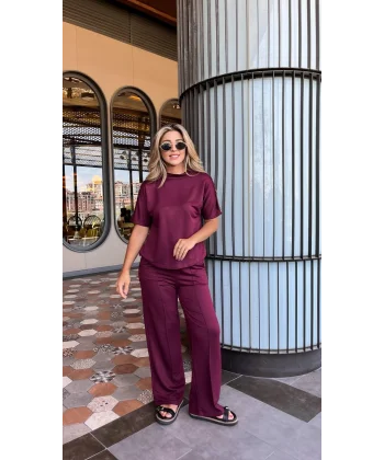 Kadın Kısa Kollu Bisiklet Yaka Omuzdan Düğmeli Viskon Iki Iplik Kısa Bluz Ve Pantolon Ikili Takım