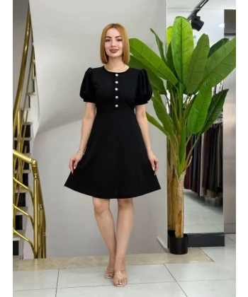 Kadın Kısa Kollu Bisiklet Yaka önden Düğmeli Ithal Krep Elbise