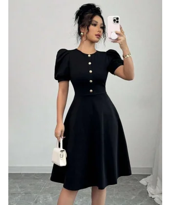 Kadın Kısa Kollu Bisiklet Yaka önden Düğmeli Ithal Krep Elbise