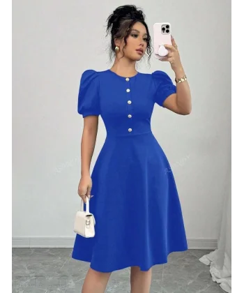 Kadın Kısa Kollu Bisiklet Yaka önden Düğmeli Ithal Krep Elbise