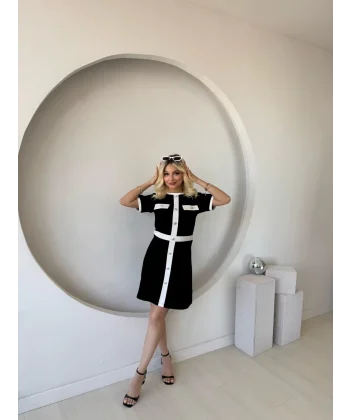 Kadın Kısa Kollu Bisiklet Yaka önden Düğmeli Modal Elbise