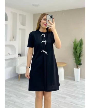 Kadın Kısa Kollu Bisiklet Yaka önden Fiyonk Detaylı Ithal Krep Elbise