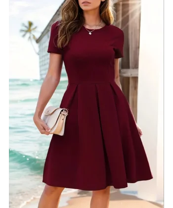 Kadın Kısa Kollu Bisiklet Yaka önden Pile Detaylı Janjan Krep Elbise