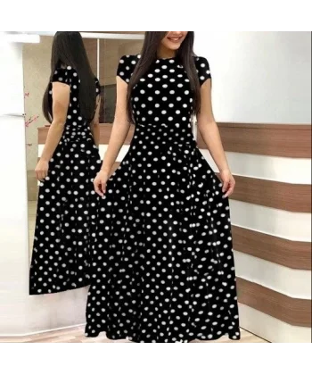 Kadın Kısa Kollu Bisiklet Yaka Puantiyeli Maksi örme Krep Elbise