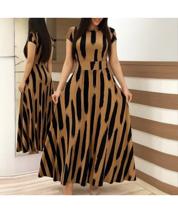 Kadın Kısa Kollu Bisiklet Yaka Puantiyeli Maksi örme Krep Elbise