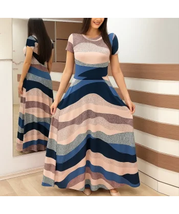 Kadın Kısa Kollu Bisiklet Yaka Puantiyeli Maksi örme Krep Elbise