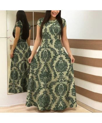 Kadın Kısa Kollu Bisiklet Yaka Puantiyeli Maksi örme Krep Elbise