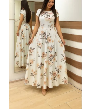 Kadın Kısa Kollu Bisiklet Yaka Puantiyeli Maksi örme Krep Elbise