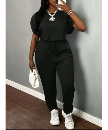 Kadın Kısa Kollu Bisiklet Yaka üst, Beli Kuşaklı Cepli Alt, Iki Iplik Takım