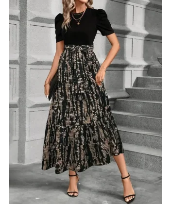 Kadın Kısa Kollu Bisiklet Yaka üst Ithal Krep Alt Süprem Maksi Boy Elbise