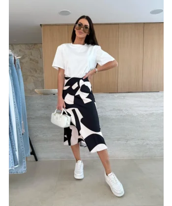 Kadın Kısa Kollu Bisiklet Yaka Viskon Bluz Ve Desenli Süprem Etek Ikili Takım