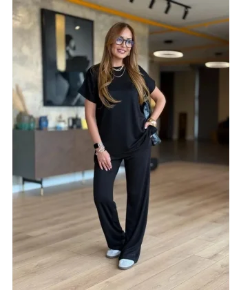 Kadın Kısa Kollu Bisiklet Yaka Viskon Iki Iplik Bluz Ve Pantolon Ikili Takım