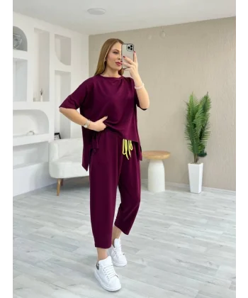 Kadın Kısa Kollu Bisiklet Yaka Viskon Iki Iplik Bluz Ve Pantolon Ikili Takım