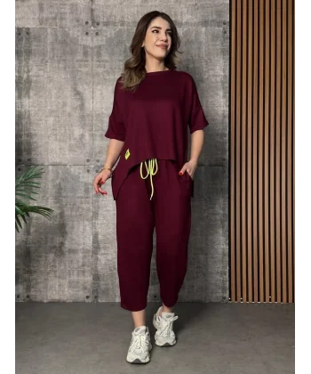 Kadın Kısa Kollu Bisiklet Yaka Viskon Iki Iplik Bluz Ve Pantolon Ikili Takım