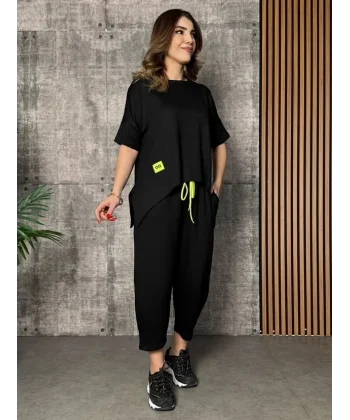 Kadın Kısa Kollu Bisiklet Yaka Viskon Iki Iplik Bluz Ve Pantolon Ikili Takım