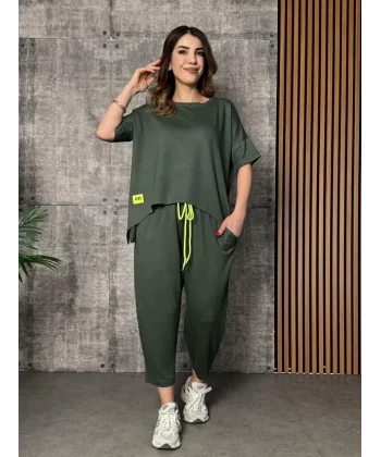 Kadın Kısa Kollu Bisiklet Yaka Viskon Iki Iplik Bluz Ve Pantolon Ikili Takım