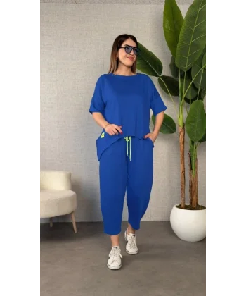 Kadın Kısa Kollu Bisiklet Yaka Viskon Iki Iplik Bluz Ve Pantolon Ikili Takım