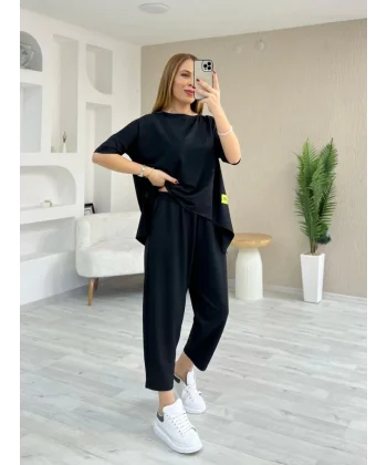 Kadın Kısa Kollu Bisiklet Yaka Viskon Iki Iplik Bluz Ve Pantolon Ikili Takım