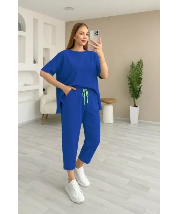 Kadın Kısa Kollu Bisiklet Yaka Viskon Iki Iplik Bluz Ve Pantolon Ikili Takım