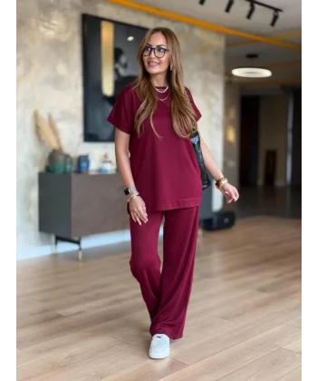 Kadın Kısa Kollu Bisiklet Yaka Viskon Iki Iplik Bluz Ve Pantolon Ikili Takım